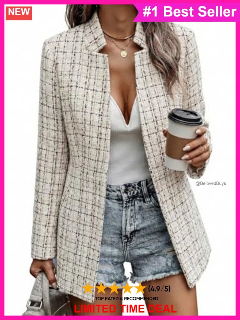 Womens Tweed Blazer Long Open Front Plaid Jacket Business Casual